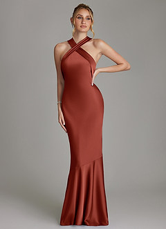 Azazie Reign Bridesmaid Dresses Terracotta Mermaid Pleated Stretch Satin Dress image4