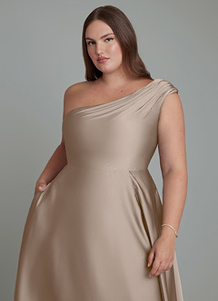 Azazie Melanie Bridesmaid Dresses Taupe A-Line Off the Shoulder Stretch Satin Dress image12