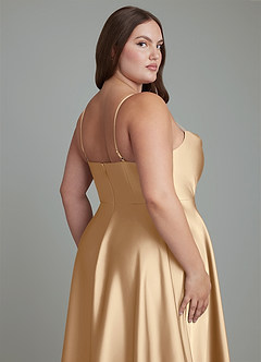 Azazie Elle Bridesmaid Dresses Champagne A-Line Pleated Stretch Satin Dress image15