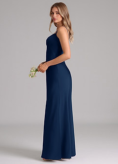 Azazie Suttona Robes de demoiselle d'honneur Robe Trapèze en Satin extensible Plissée Bleu Marine Foncé image5