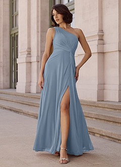 Azazie Brooke Bridesmaid Dresses Dusty Blue A-Line One Shoulder Chiffon Dress image2