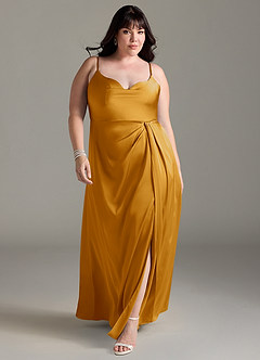 Azazie Brielle Bridesmaid Dresses Butterscotch A-Line Cowl Spaghetti Straps Stretch Satin Dress image8
