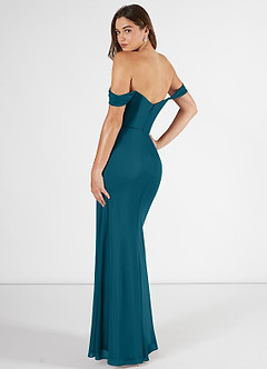 Azazie Kit Bridesmaid Dresses Ink Blue Mermaid Off the Shoulder Mesh Dress image4