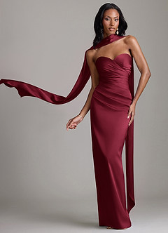 Azazie Jasmyn Vestidos de damas de honor Vestido Borgoña de Satén Elástico de Corte Recto con Palabra de honor image1