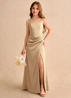 Azazie Noah Girls Formal Jurken voor bloemenmeisjes Kolom Jurk van Stretch Satijn Geplooide Champagne image3