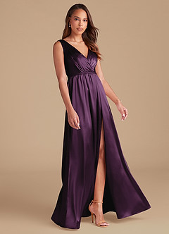 Azazie Tanicia Final Sale Plum A-Line Pleated Metallic Satin Dress image4