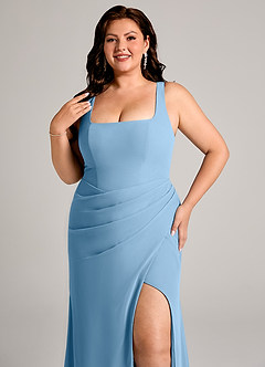 Azazie Mero Jurken voor bruidsmeisjes Jurk van Chiffon met Kolom Geplooid Staal Blauw image14