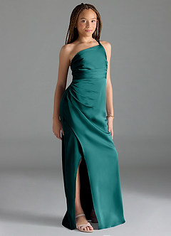 Azazie Eren Junior Peacock Sheath Pleated Stretch Satin Dress image4