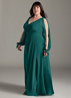 Azazie Matilda Bridesmaid Dresses Peacock A-Line Long Sleeve Chiffon Dress image11