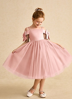 Azazie Amie Flower Girl Dresses Rosette A-Line Off the Shoulder Matte Satin Dress image1