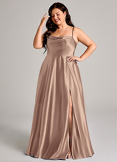 Azazie Elle Bridesmaid Dresses Taupe A-Line with Pockets Metallic Satin Dress image4