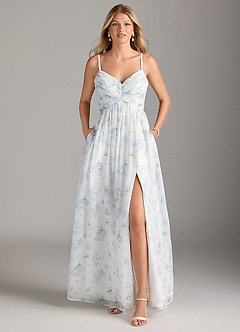Azazie Alia Bridesmaid Dresses Blue Vintage Floral A-Line Pleated Chiffon Dress image1