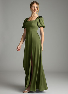 Azazie Fyona Bridesmaid Dresses Olive A-Line Pleated Stretch Satin Dress image10