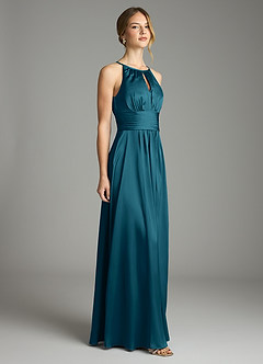 Azazie Bonnie Bridesmaid Dresses Ink Blue A-Line Pleated Stretch Satin Dress image4