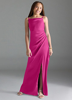 Azazie Leonis Junior Fuchsia A-Line Pleated Stretch Satin Dress image1