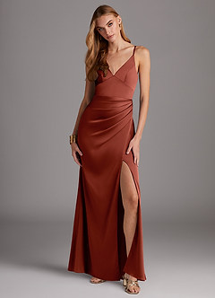 Azazie Shania Bridesmaid Dresses Terracotta Sheath V-Neck Pleated Stretch Satin Dress image1