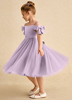 Azazie Amie Flower Girl Dresses Frosted Lilac A-Line Off the Shoulder Matte Satin Dress image4