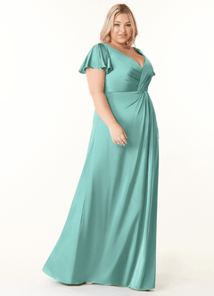 Azazie Soren Bridesmaid Dresses Aqua A-Line Pleated Stretch Satin Dress image3