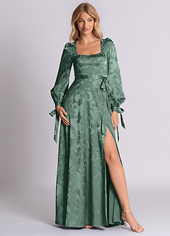 Azazie Leonia 신부 들러리 드레스 A라인 긴팔 자카드 바닥 길이 드레스 image1