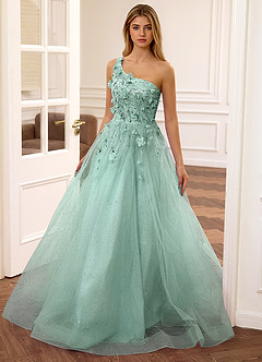 Felicite Light Green Floral A-line Tulle Sequin One Shoulder Glitter Prom Dress image7