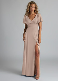 Azazie Induh Bridesmaid Dresses Taupe A-Line Flutter V-neck Mesh Dress image2