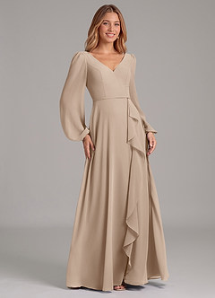 Azazie Simone Vestidos de damas de honor Vestido de Gris Pardo de Gasa de Corte en A con Manga larga image4