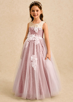 Azazie Addison Robe Demoiselle D'honneur Fillette Robe Princesse en Tulle Sequins Rose Poussiéreuse image1