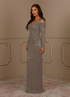 Azazie Indra Mother of the Bride Dresses Taupe Sheath Sequins Lace Dress image2