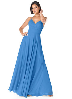 Azazie Avelina Bridesmaid Dresses Blue Jay A-Line V-Neck Pleated Chiffon Dress image1