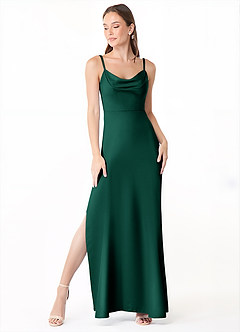 Azazie Alaija Bridesmaid Dresses Emerald Mermaid Side Slit Stretch Satin Dress image2