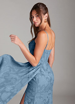 Azazie Denisa Bridesmaid Dresses Steel Blue Sheath Pleated Floral Burnout Dress image5