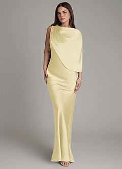 Azazie Darby At-home Try On Dresses Lemon Sorbet Mermaid Pleated Stretch Satin Dress image4