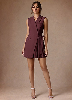 front Alina Cabernet Refined Weave Pleated Wrap Blazer Dress