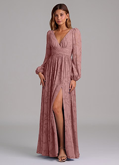 Azazie Norah Brautjungfernkleider A-Linie Langarm Blumen-Burnout Kleid Altrosa image5