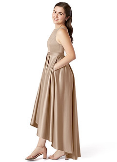 Azazie Inaya Junior Taupe A-Line with Belt Stretch Satin Dress image3