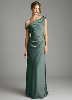 Azazie Emerson Bridesmaid Dresses Sea Moss Mermaid Off the Shoulder Stretch Satin Dress image4