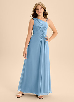 Azazie Brooke Junior Vestido de Azul Acero de Gasa de Corte En A con Corte Lateral image4