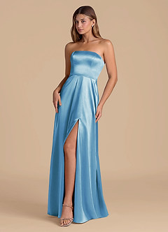 Azazie Wren 신부 들러리 드레스 A라인 스트랩리스 메탈릭 새틴 바닥 길이 드레스 image3