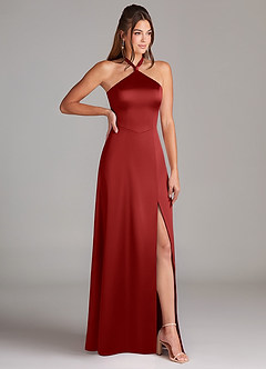 Azazie Elliana Bridesmaid Dresses Pomegranate Sheath Side Slit Stretch Satin Dress image3
