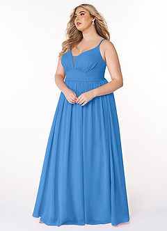 Azazie Rayna Vestidos de damas de honor Vestido de Azul Grisaceo de Gasa de Corte en A con Cuello en V plisado image9