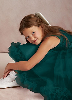Azazie Lottie Flower Girl Dresses Peacock A-Line One Shoulder Satin Dress image4