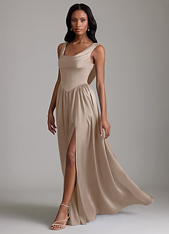 Azazie Novi Robes de demoiselle d'honneur Robe Trapèze en Satin extensible Avec poches Taupe image6