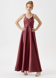 Azazie Avelina Junior A-Linie Plissee Stretch-Satin Kleid Merlot image3
