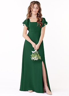 Azazie Bondi Junior Dark Green A-Line Bow Chiffon Dress image1