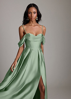 Azazie Loisa Bridesmaid Dresses Matcha A-Line Off the Shoulder Stretch Satin Dress image3