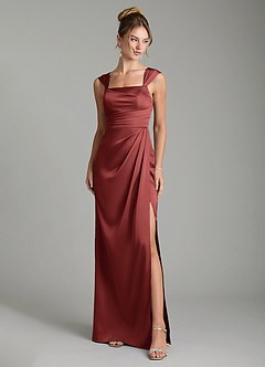 Azazie Filippa Bridesmaid Dresses Terracotta A-Line Pleated Stretch Satin Dress image1