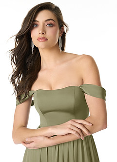 Azazie Morana Jurken voor bruidsmeisjes Converteerbaar Jurk van Stretch Satijn met A-Lijn Off the Shoulder Pistache image5