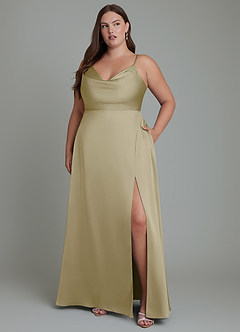 Azazie Sarella Bridesmaid Dresses Moss Green A-Line Pleated Stretch Satin Dress image10