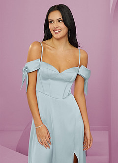 Barbie ♥ Azazie Bridesmaid Dresses Mist A-Line Off the Shoulder Stretch Satin Dress image12