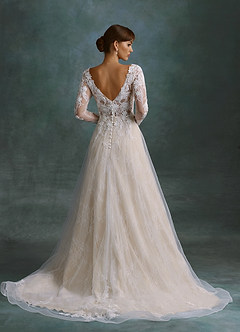 Azazie Leila Wedding Dresses Diamond White Champagne A-Line V-Neck Sequins Tulle Dress image6